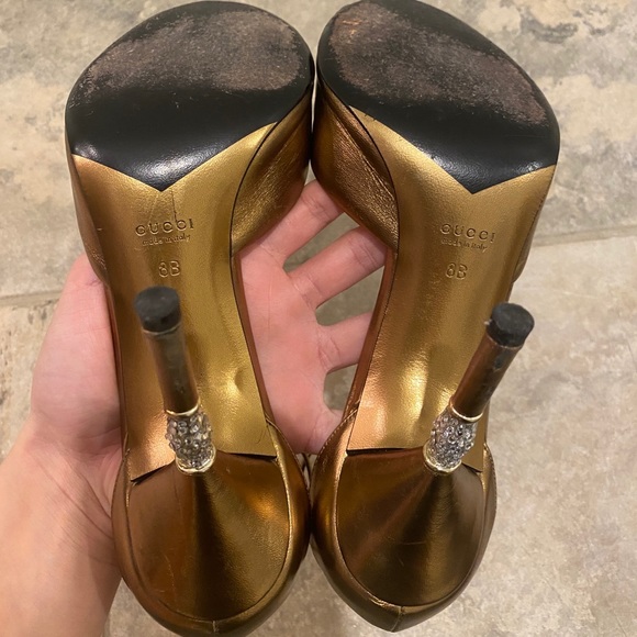 GUCCI Bronze Leather Peep Crystal Bamboo Heels - Picture 7 of 11